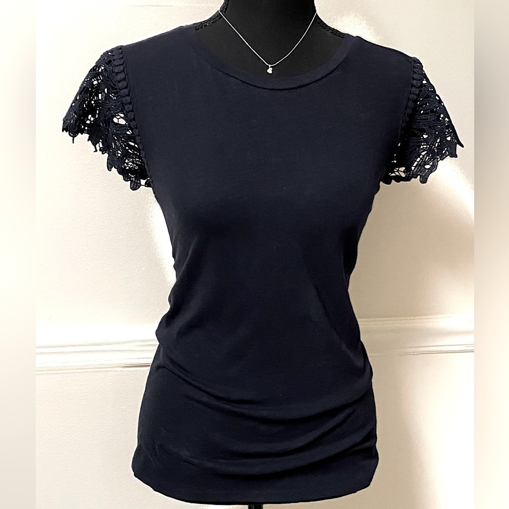 LOFT Navy Blue Short Sleeve Shirt With Lace Cutout Sleeves